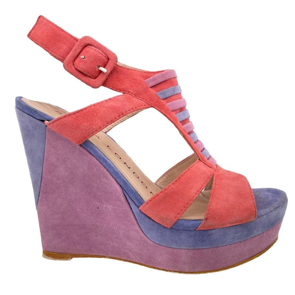 Sacha London Opal Pink Blue Purple Suede Leather Wedge Strappy Shoe Womens Sz 8